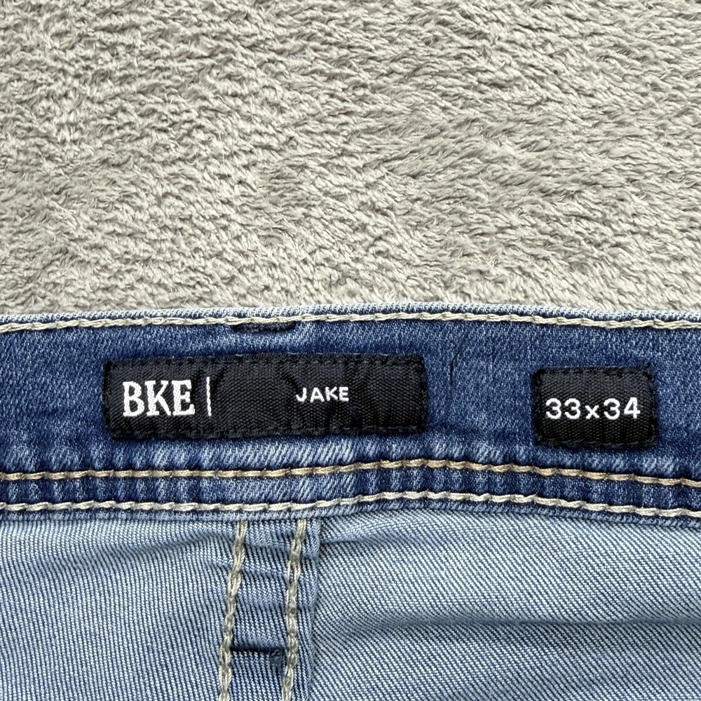 BKE Jeans Mens 33x34 Blue Light Wash Straight Jake Stretch Distressed Fit - Picture 6 of 9